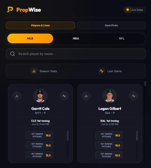 PropWise Players and Lines interface
